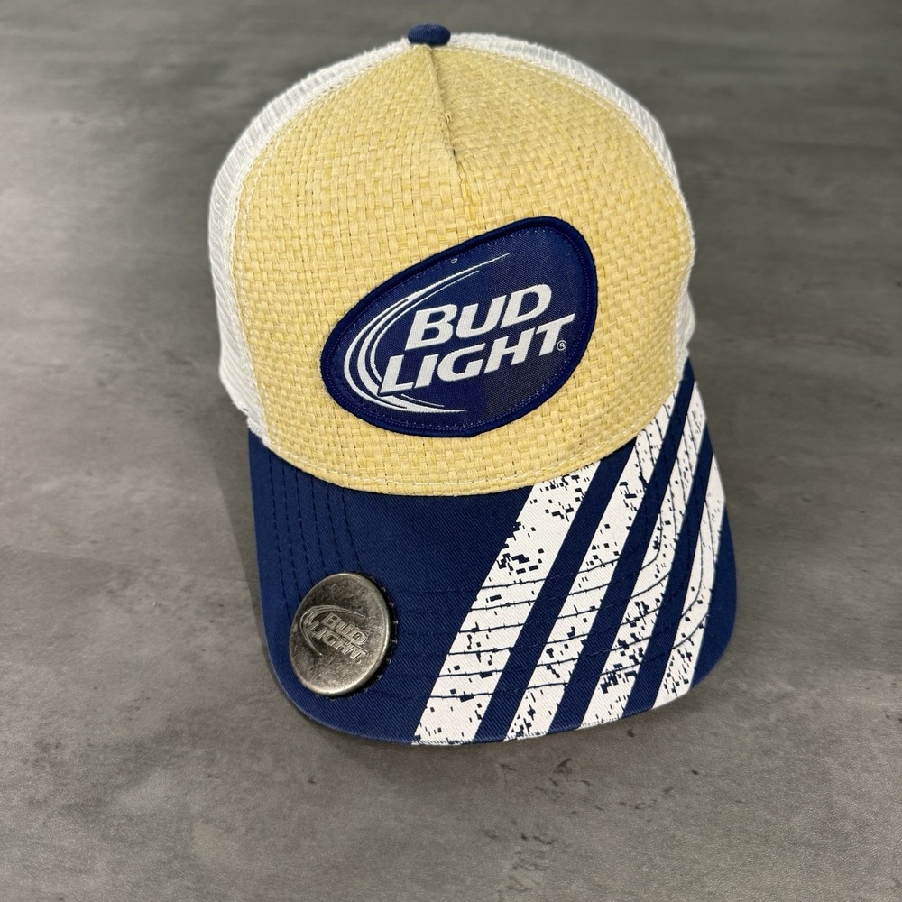 Bud Light SnapBack Hat Blue Khaki Tan Woven‎ Straw Bottle Opener Trucker Cap